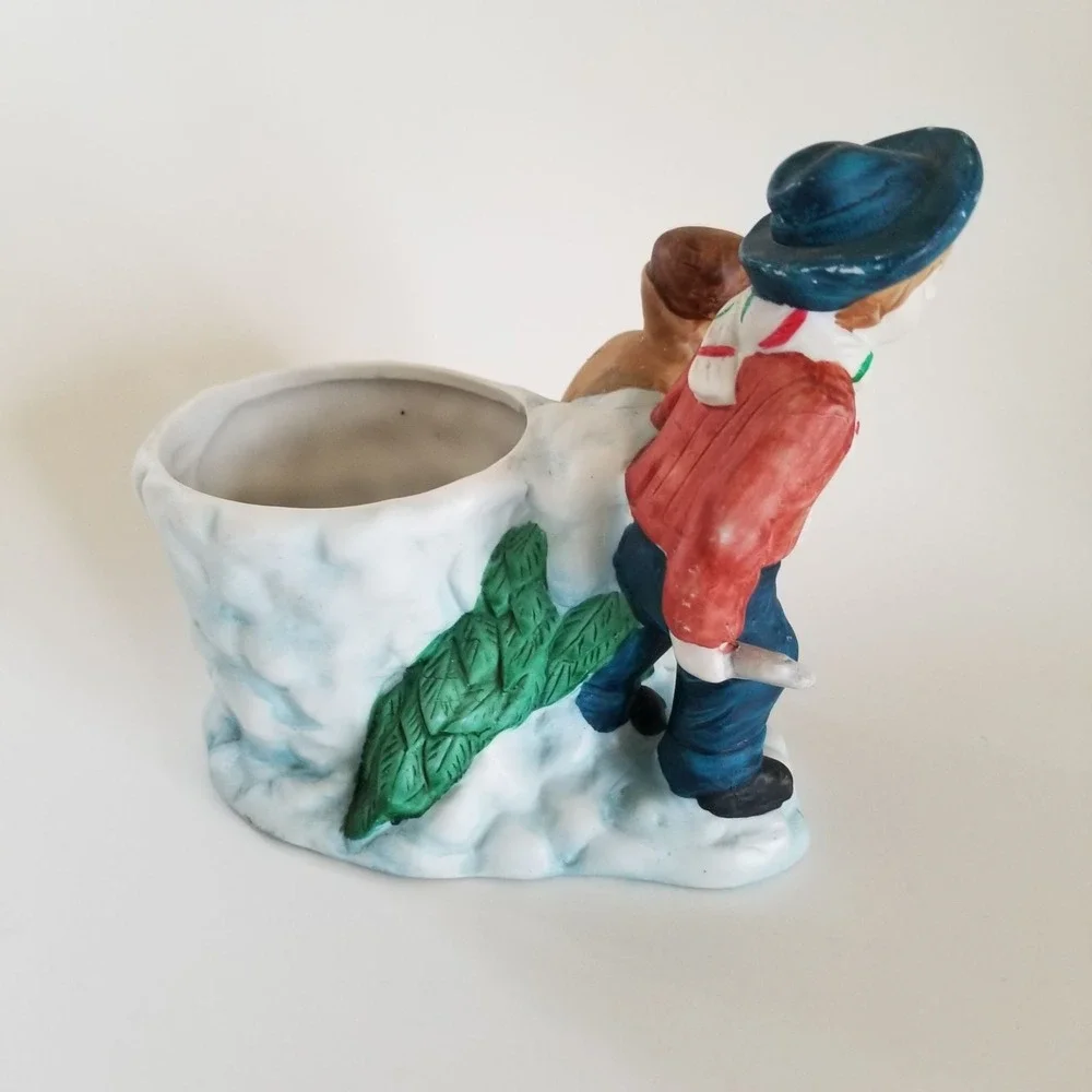 Vintage Ceramic Christmas Planter Boys Carrying Tree Winter Figurine Decor